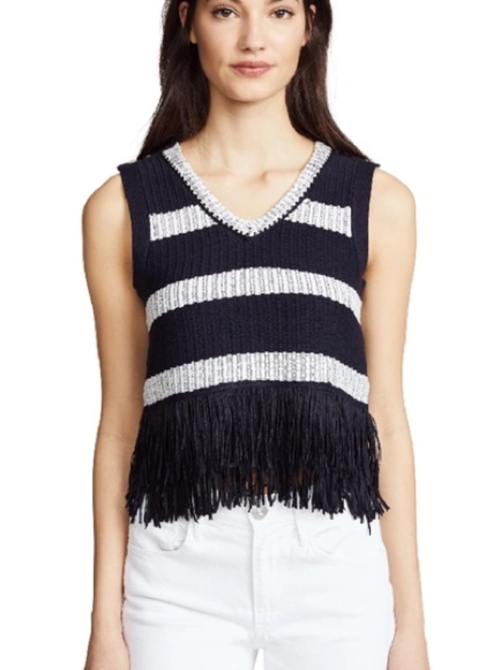 Club Monaco OLIVINA SLEEVELESS FRINGE SWEATER IN NAVY STRIPE